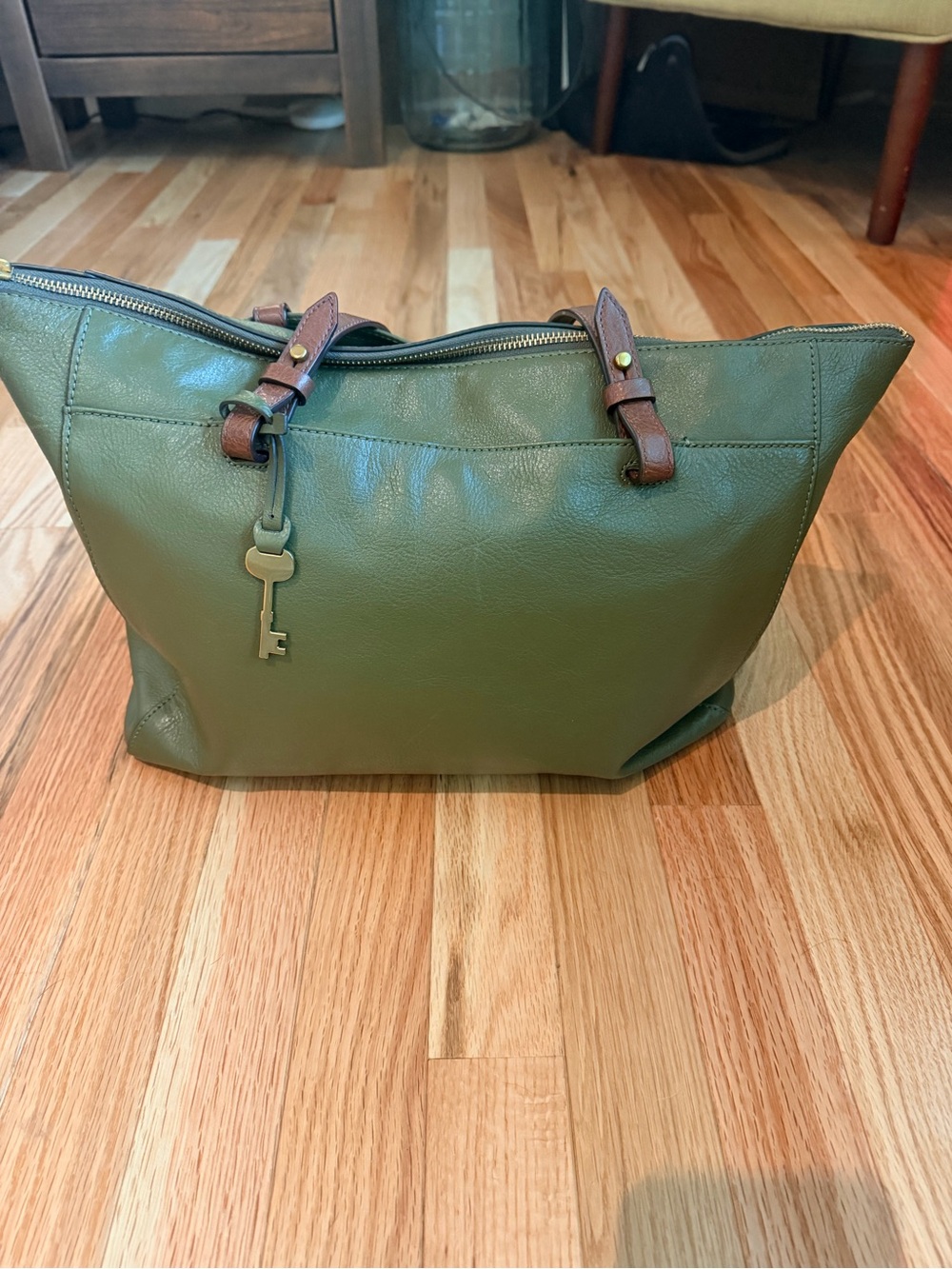 Fossil Green Leather Tote Bag with Key Charm